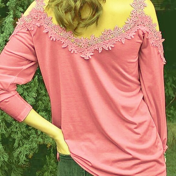 Floral Lace Sexy V-Neck LS Cold Shoulder Top, Pink Heather Women’s 2XL NIP - Picture 3 of 14